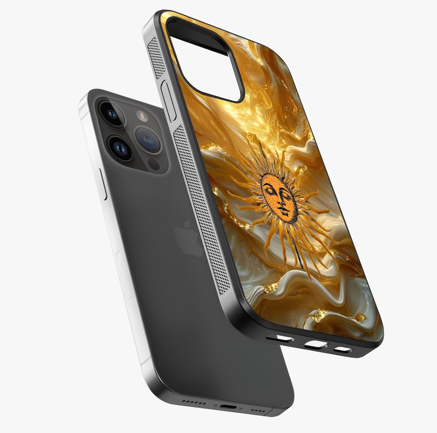 Eternal Golden Glow Glass Case laid diagonally highlighting side profile, edges and glossy glass shine.