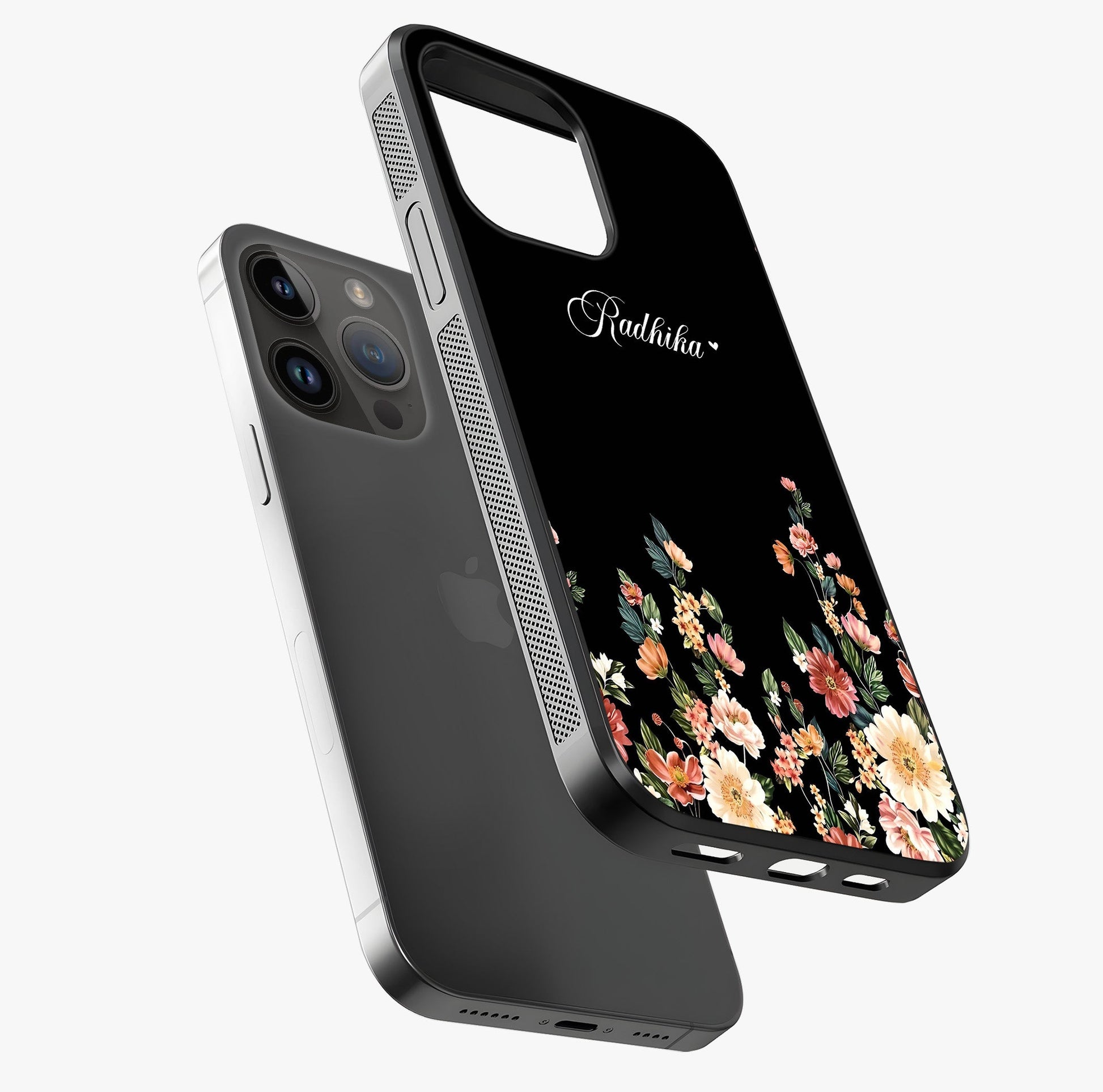 Floral Design With A Custom Personalized Name Glass Case laid diagonally highlighting side profile, edges and glossy glass shine.