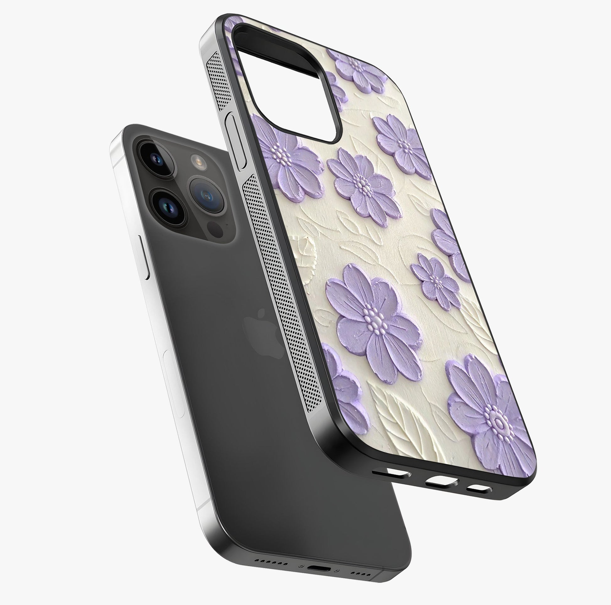 Floral Wall Art With Purple Flowers Glass Case laid diagonally highlighting side profile, edges and glossy glass shine.