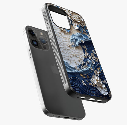 Floral Wave Origami Glass Case laid diagonally highlighting side profile, edges and glossy glass shine.