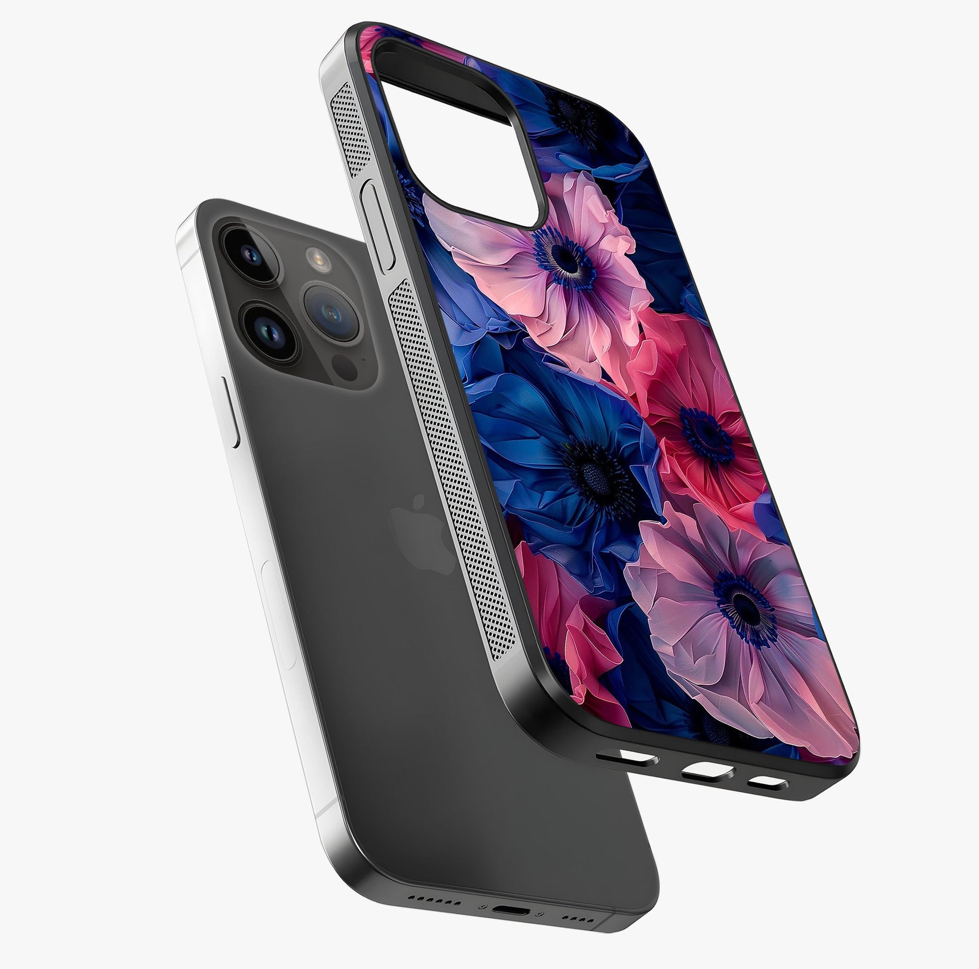 Flower Paper Art Pattern Glass Case laid diagonally highlighting side profile, edges and glossy glass shine.