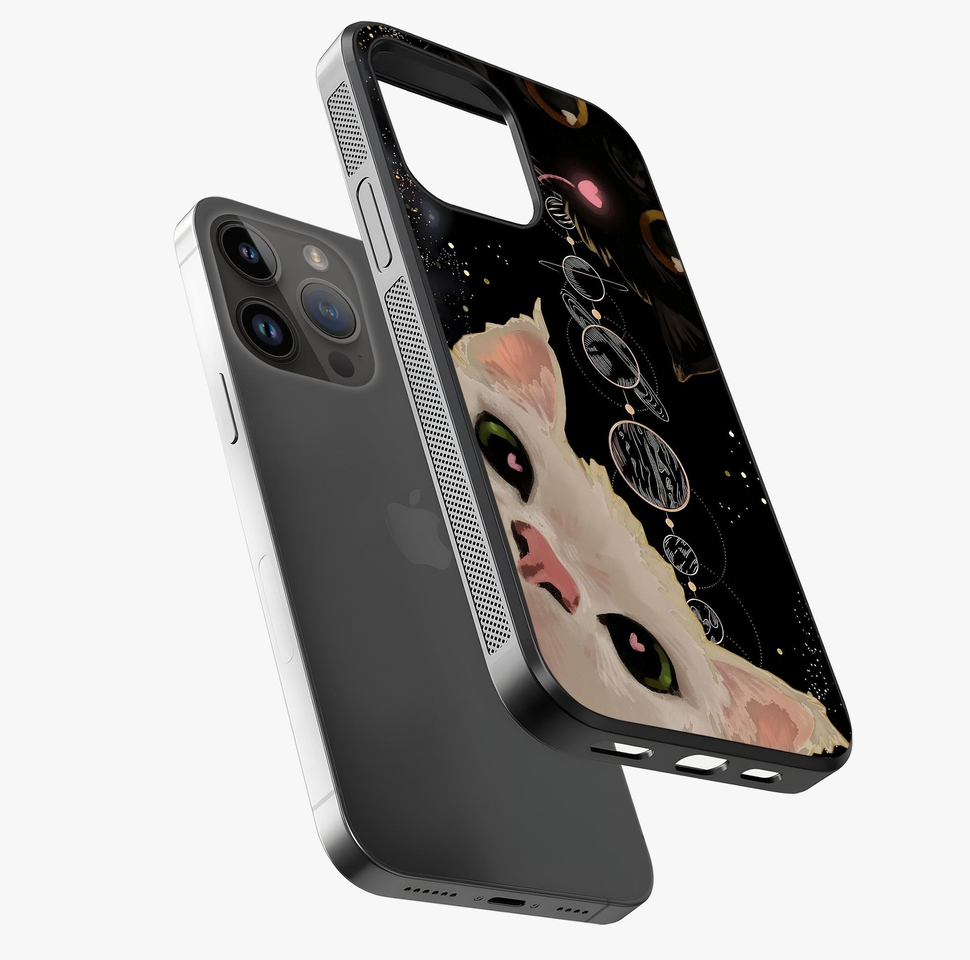 Galactic Cat Glass Case laid diagonally highlighting side profile, edges and glossy glass shine.