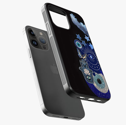 Galactic Charm Cluster Glass Case laid diagonally highlighting side profile, edges and glossy glass shine.