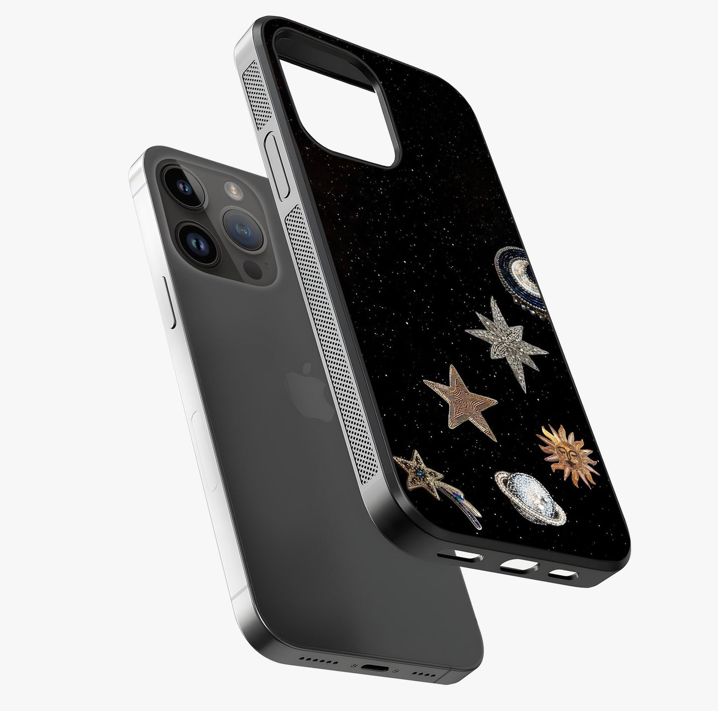 Galactic Charm Glow Glass Case laid diagonally highlighting side profile, edges and glossy glass shine.