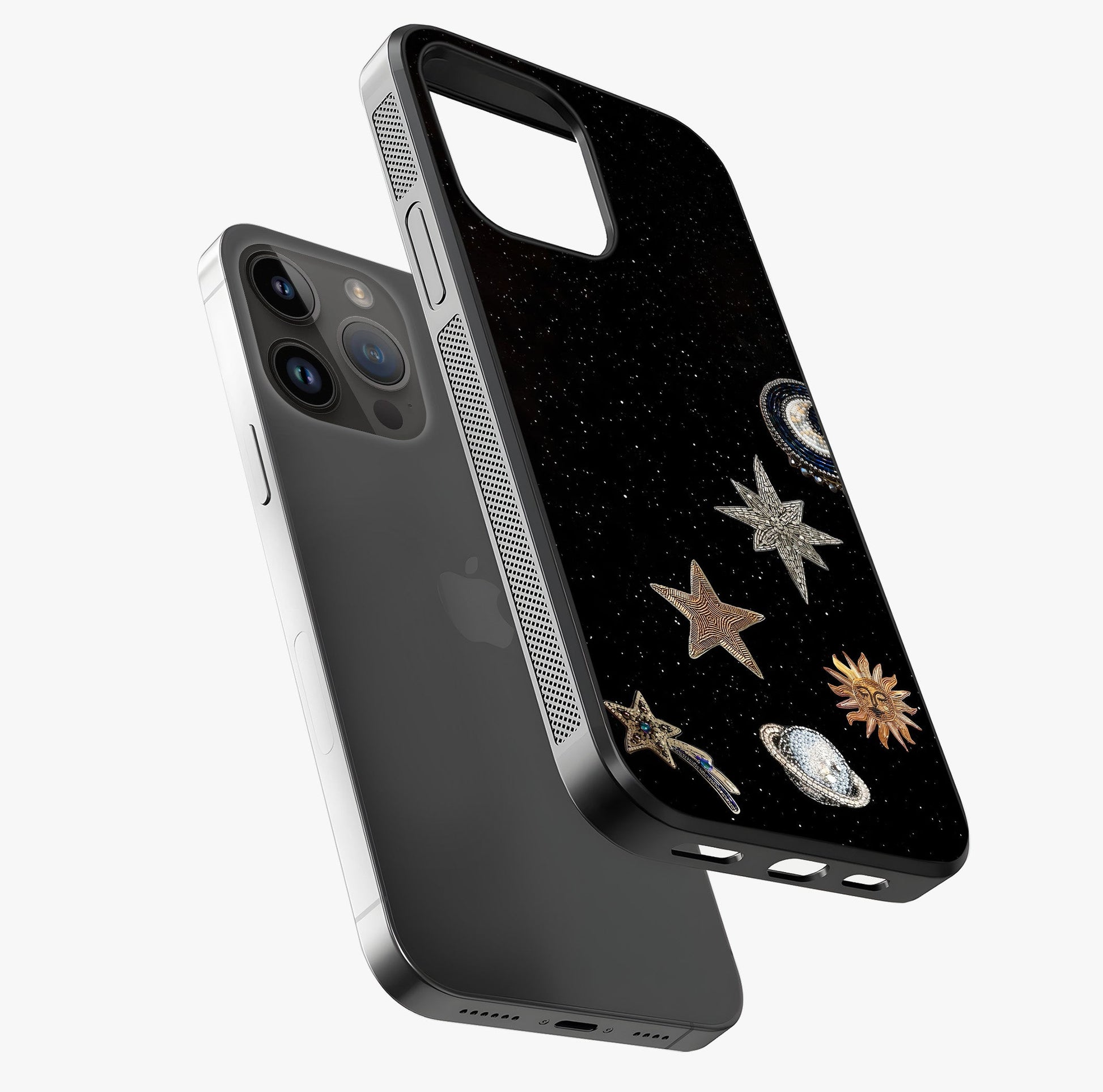 Galactic Charm Glow Glass Case laid diagonally highlighting side profile, edges and glossy glass shine.