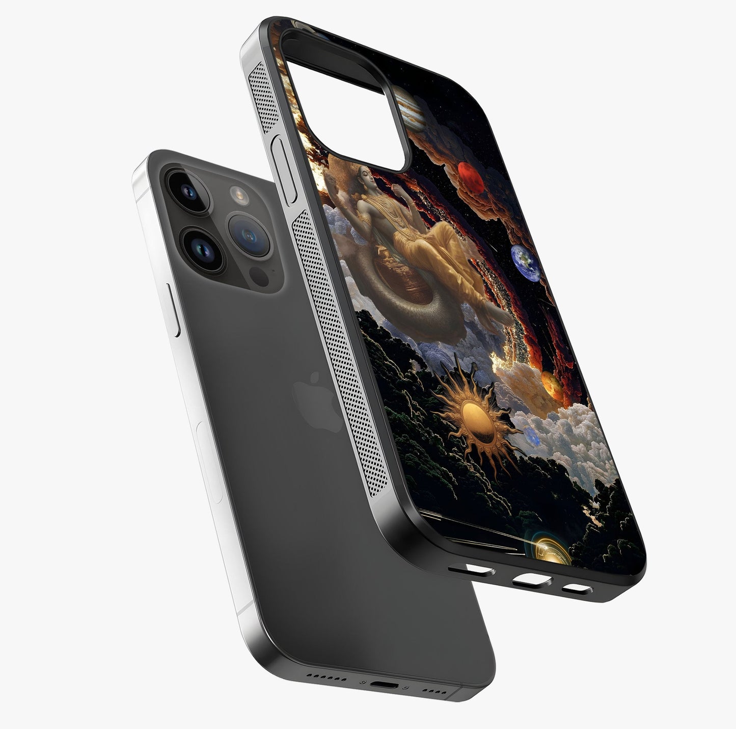 Galactic Divine God Glass Case laid diagonally highlighting side profile, edges and glossy glass shine.