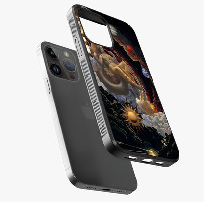 Galactic Divine God Glass Case laid diagonally highlighting side profile, edges and glossy glass shine.