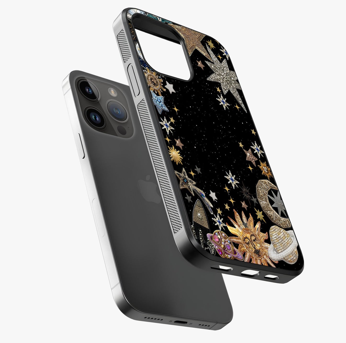 Galactic Jewel Stars Glass Case laid diagonally highlighting side profile, edges and glossy glass shine.