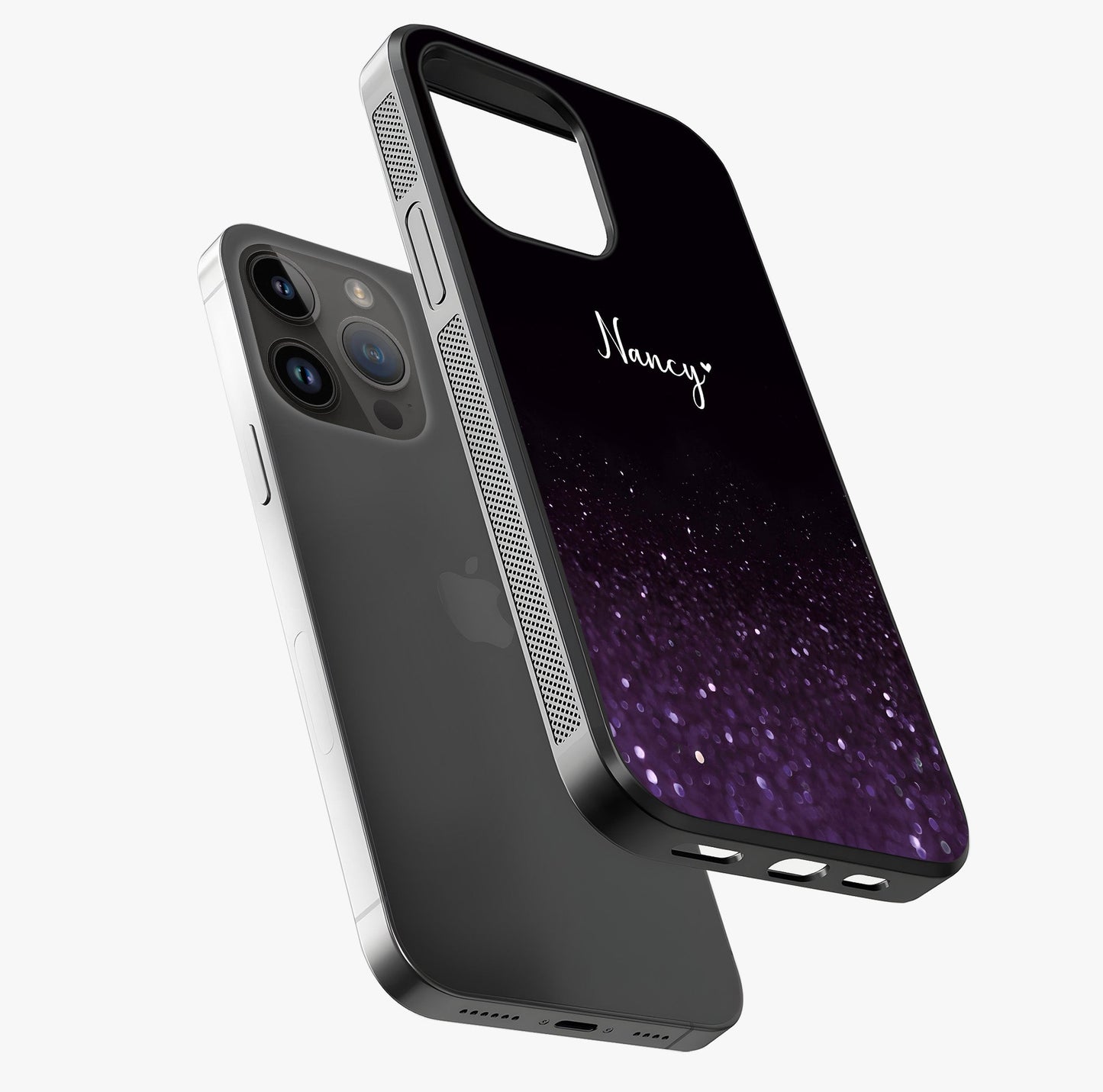 Glittery Purple Bokeh Custom Name Glass Case laid diagonally highlighting side profile, edges and glossy glass shine.