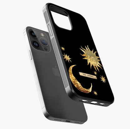 Golden Celestial Charm Glass Case laid diagonally highlighting side profile, edges and glossy glass shine.