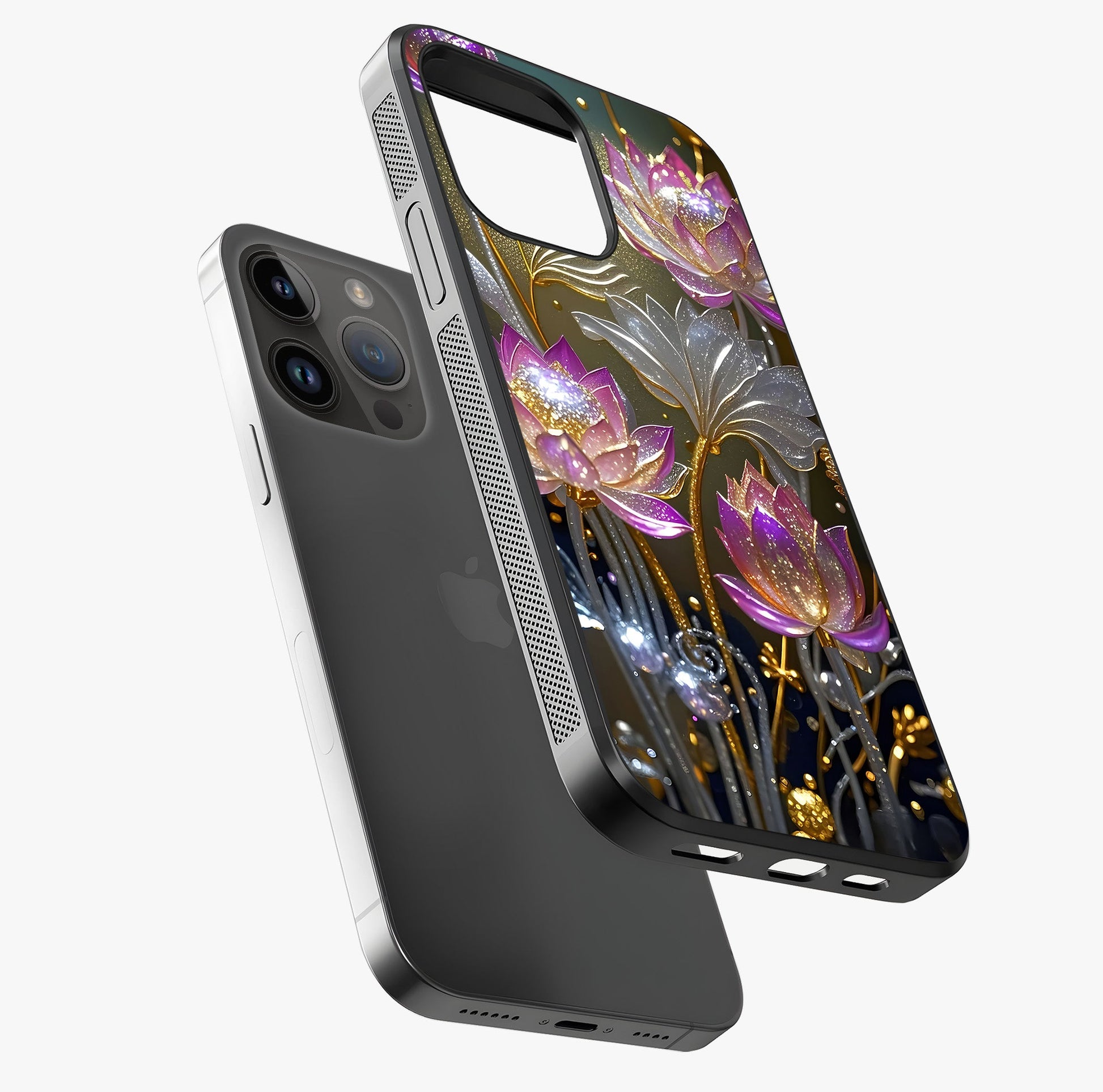 Golden Lotus Glow Glass Case laid diagonally highlighting side profile, edges and glossy glass shine.
