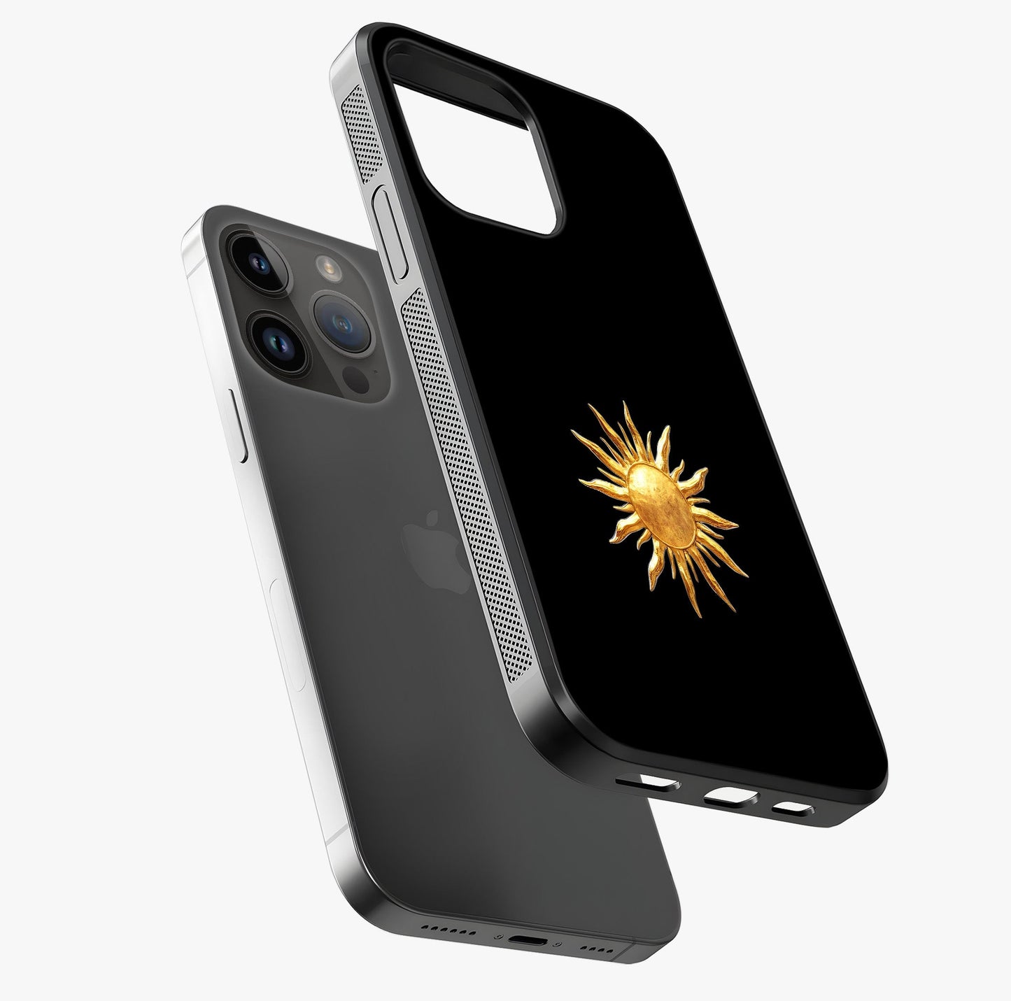 Golden Sun Minimalism Glass Case laid diagonally highlighting side profile, edges and glossy glass shine.
