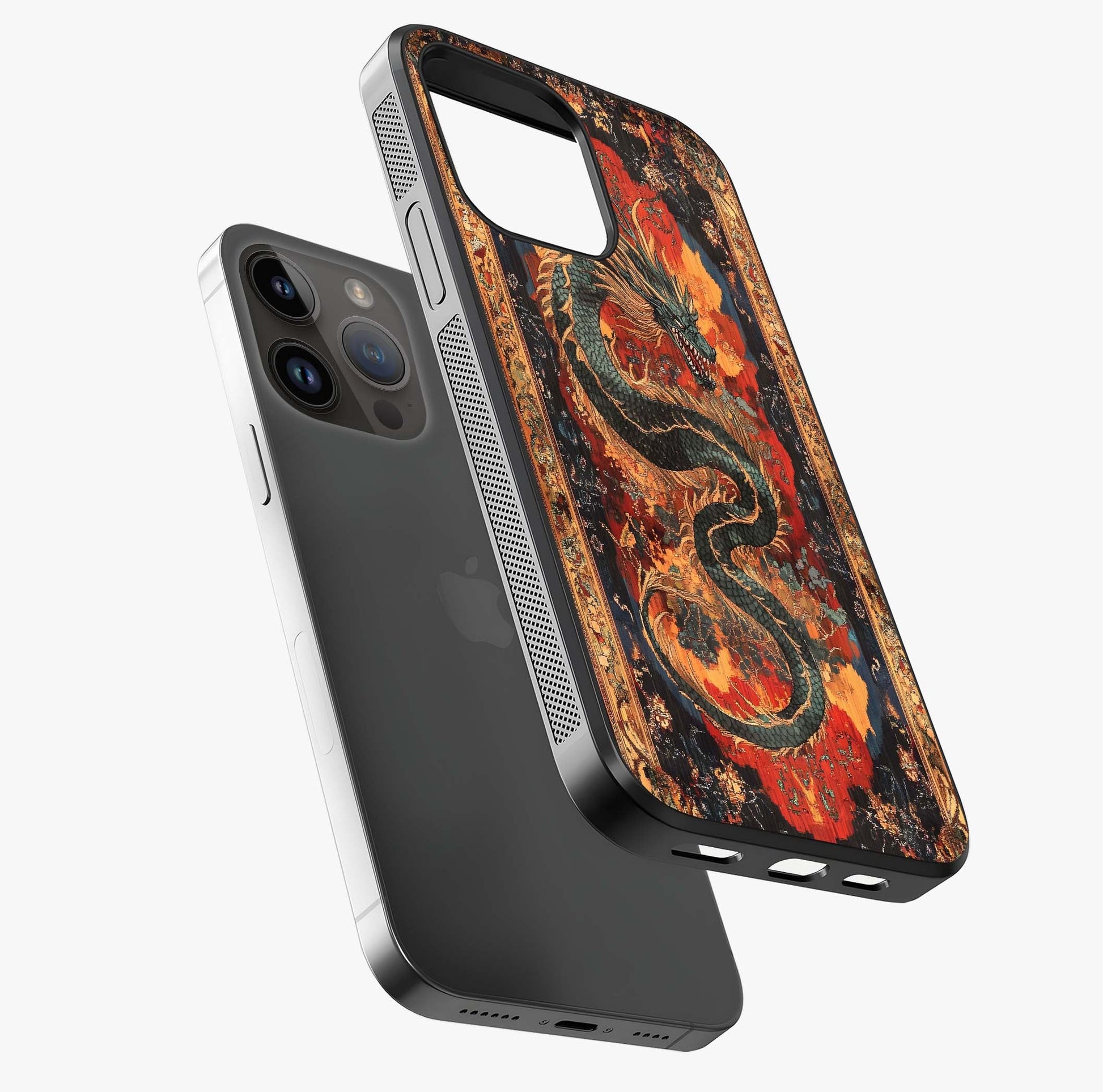 Inferno Dragon Soul Glass Case laid diagonally highlighting side profile, edges and glossy glass shine.
