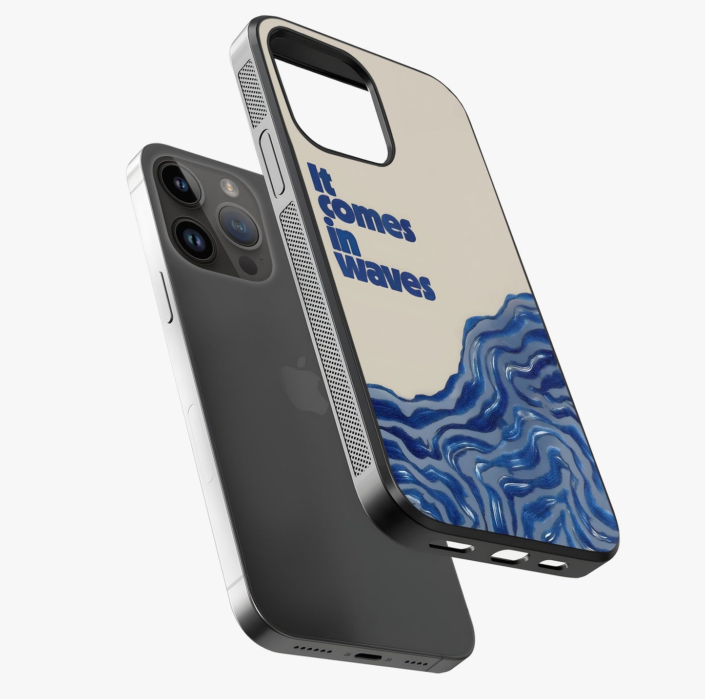It Comes In Waves Quote Glass Case laid diagonally highlighting side profile, edges and glossy glass shine.