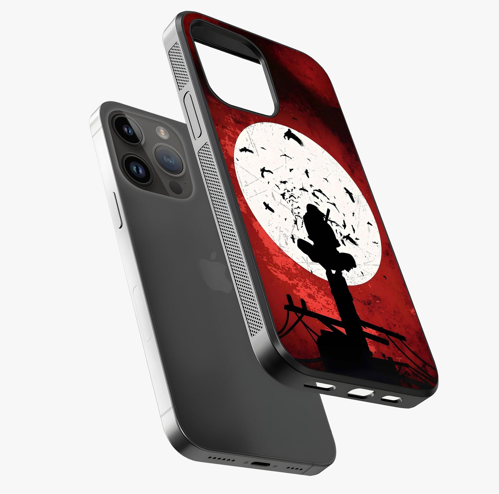 Itachi Limited Edition Naruto Anime Glass Case laid diagonally highlighting side profile, edges and glossy glass shine.