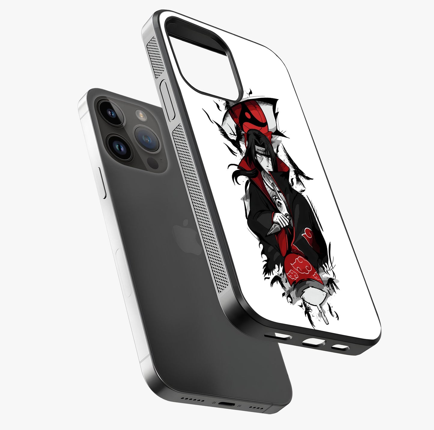 Itachi Sharingan Glass Case laid diagonally highlighting side profile, edges and glossy glass shine.
