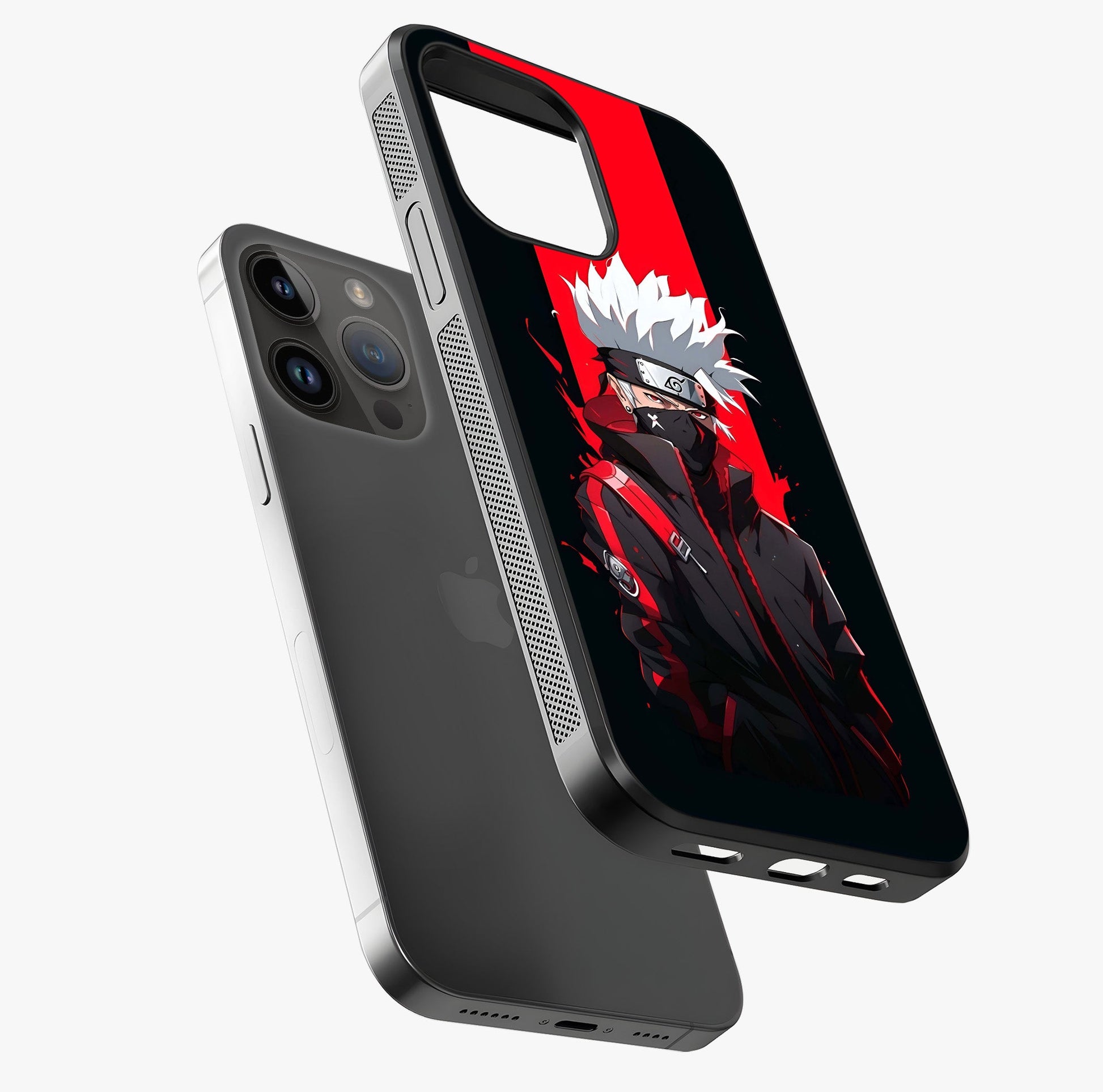 Kakashi Scarlet Shadow Glass Case laid diagonally highlighting side profile, edges and glossy glass shine.