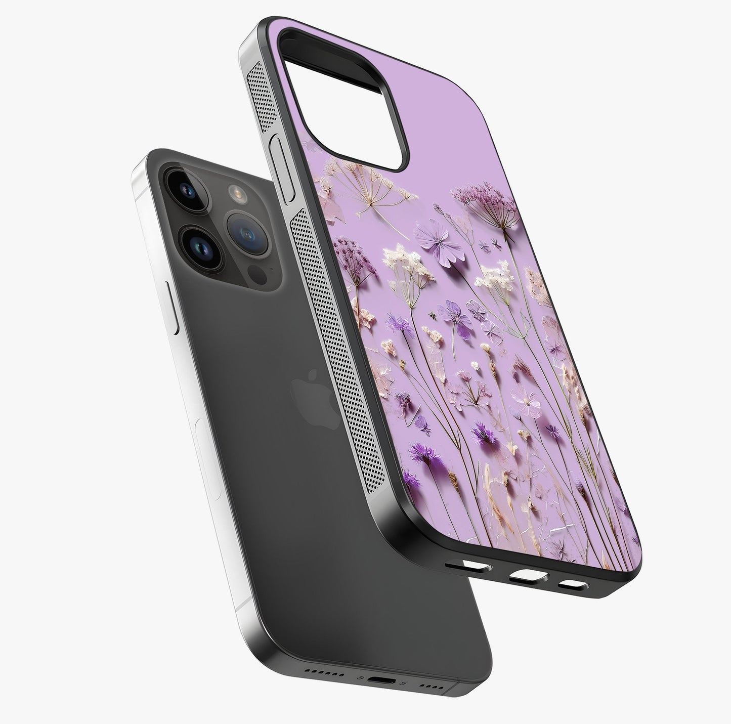 Lavender Blossom Dream Glass Case laid diagonally highlighting side profile, edges and glossy glass shine.