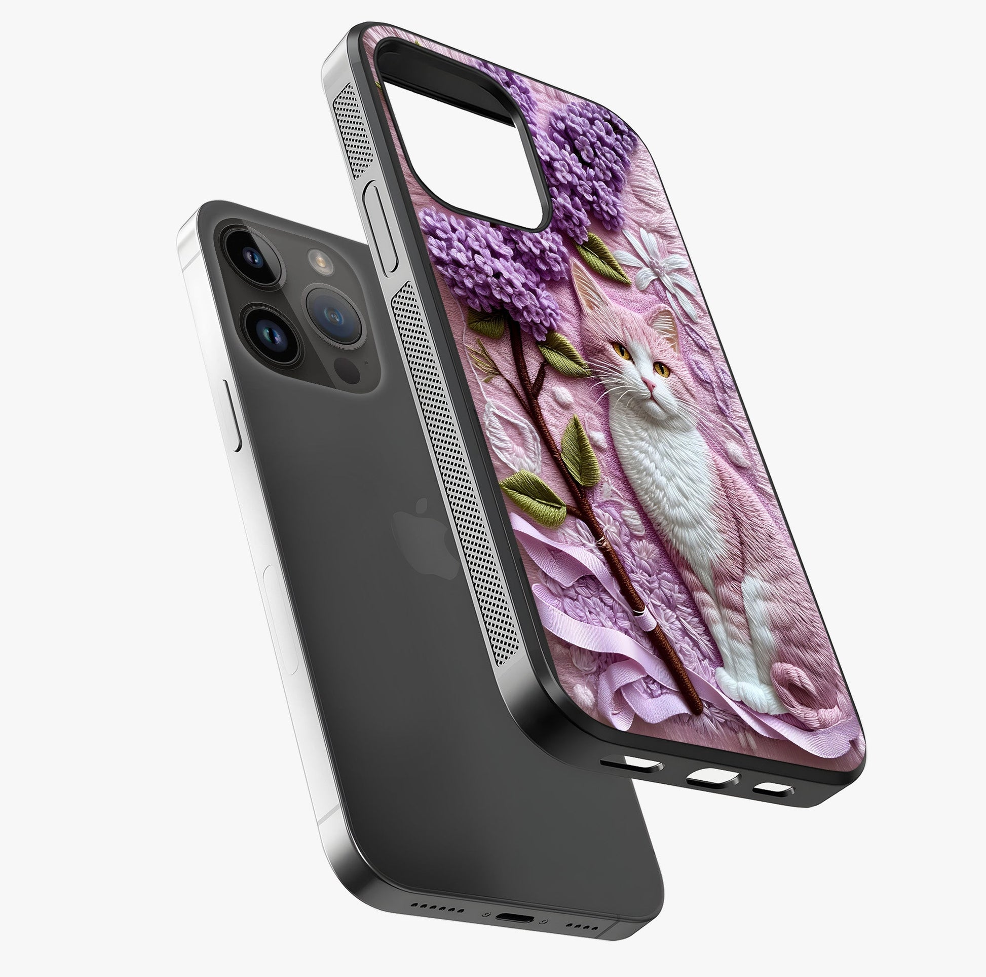 Lavender Cat Whimsy Glass Case laid diagonally highlighting side profile, edges and glossy glass shine.