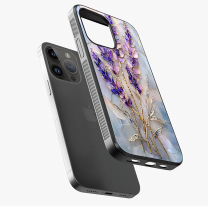 Lavender Dream Glow Glass Case laid diagonally highlighting side profile, edges and glossy glass shine.