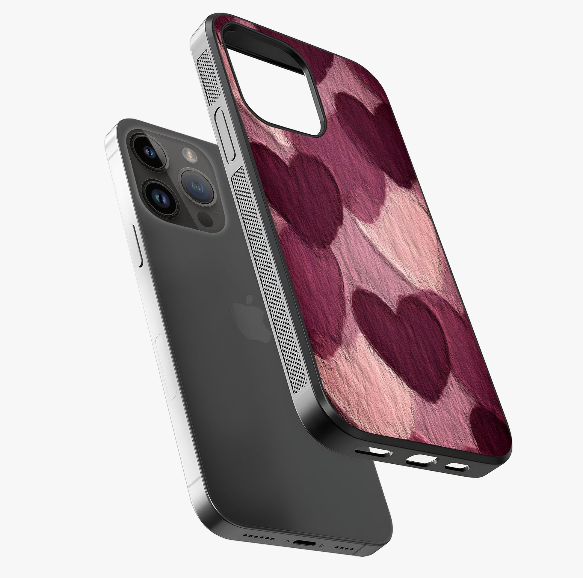 Layered Paper Hearts Glass Case laid diagonally highlighting side profile, edges and glossy glass shine.