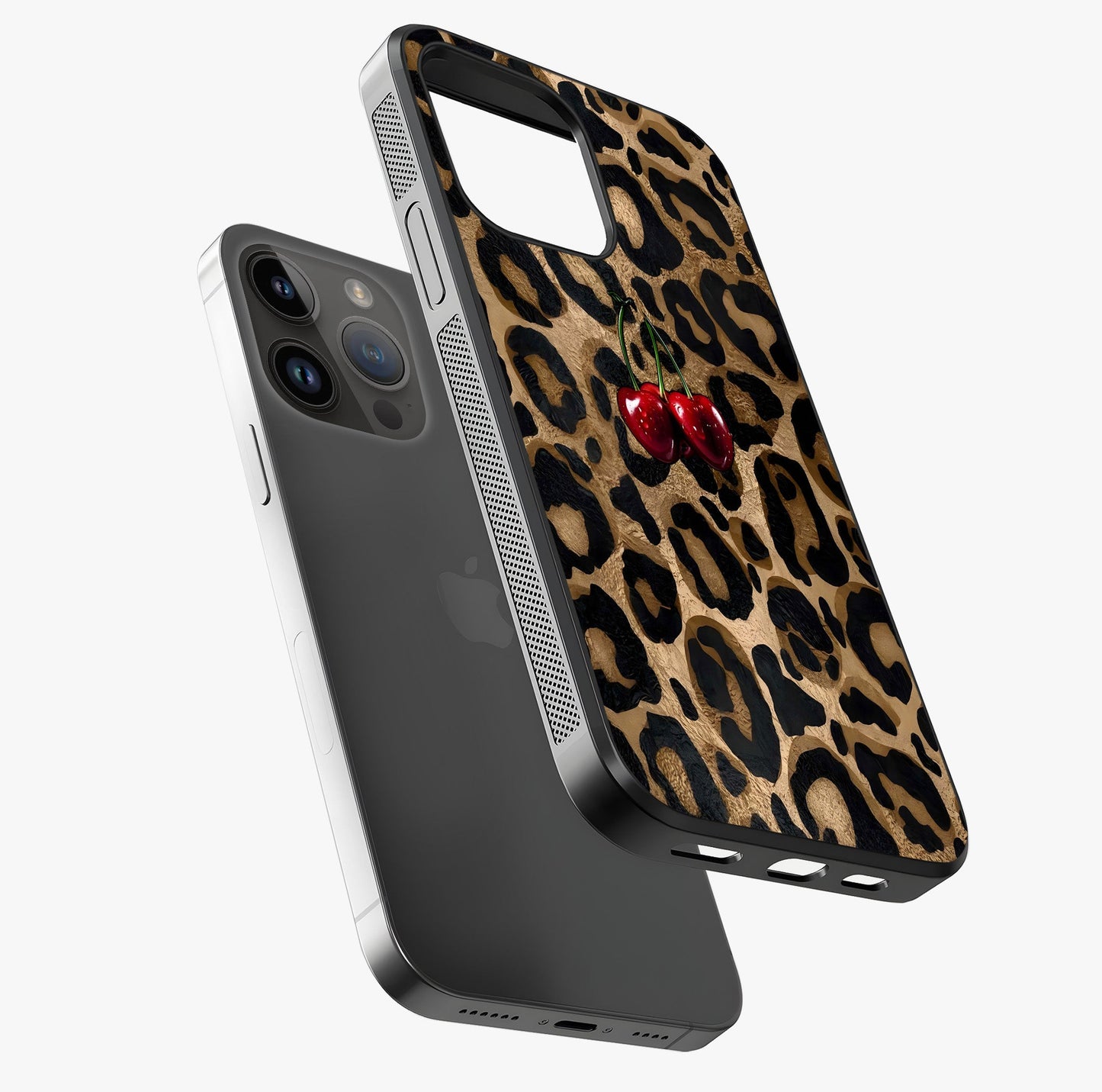 Leopard Wild Cherry Glass Case laid diagonally highlighting side profile, edges and glossy glass shine.