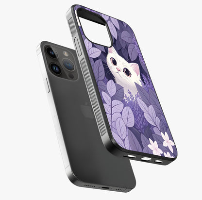 Lilac Hide Peek Cat Glass Case laid diagonally highlighting side profile, edges and glossy glass shine.