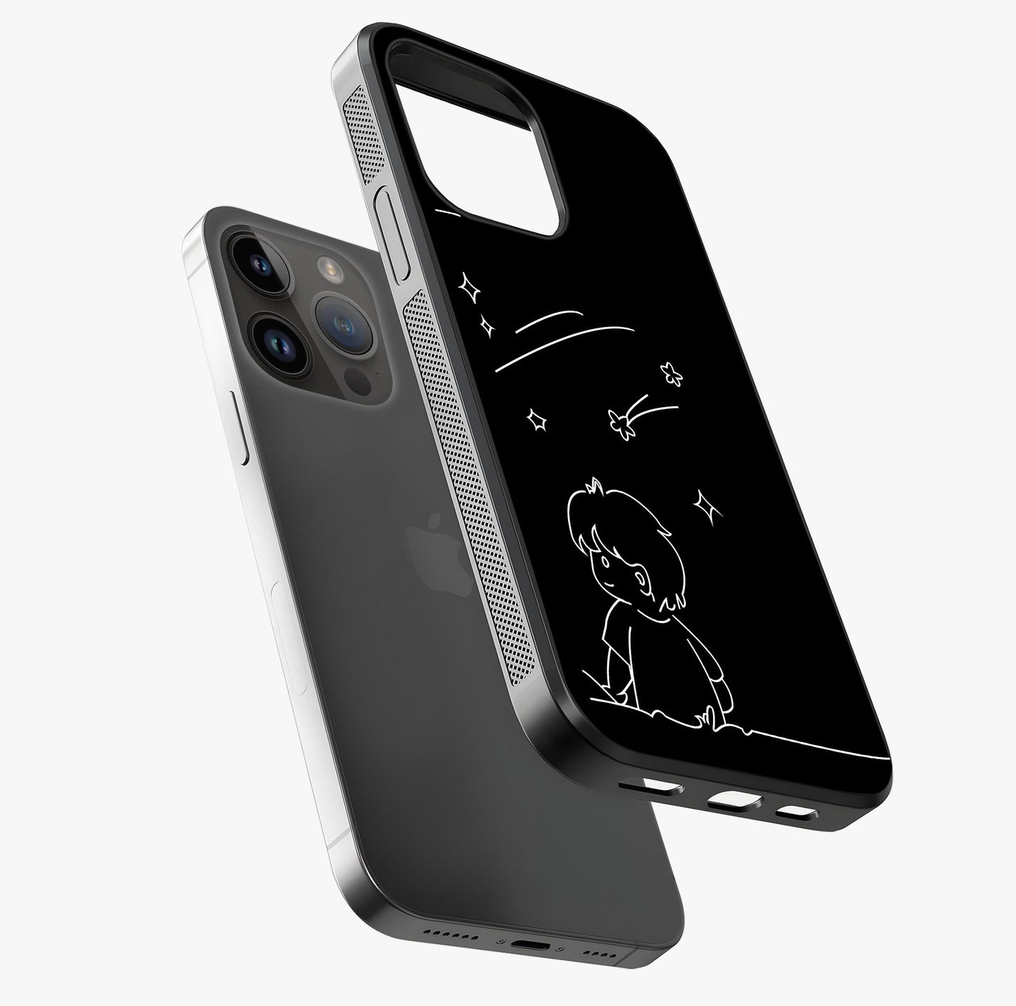 Line Art Boy With Shooting Stars Glass Case laid diagonally highlighting side profile, edges and glossy glass shine.