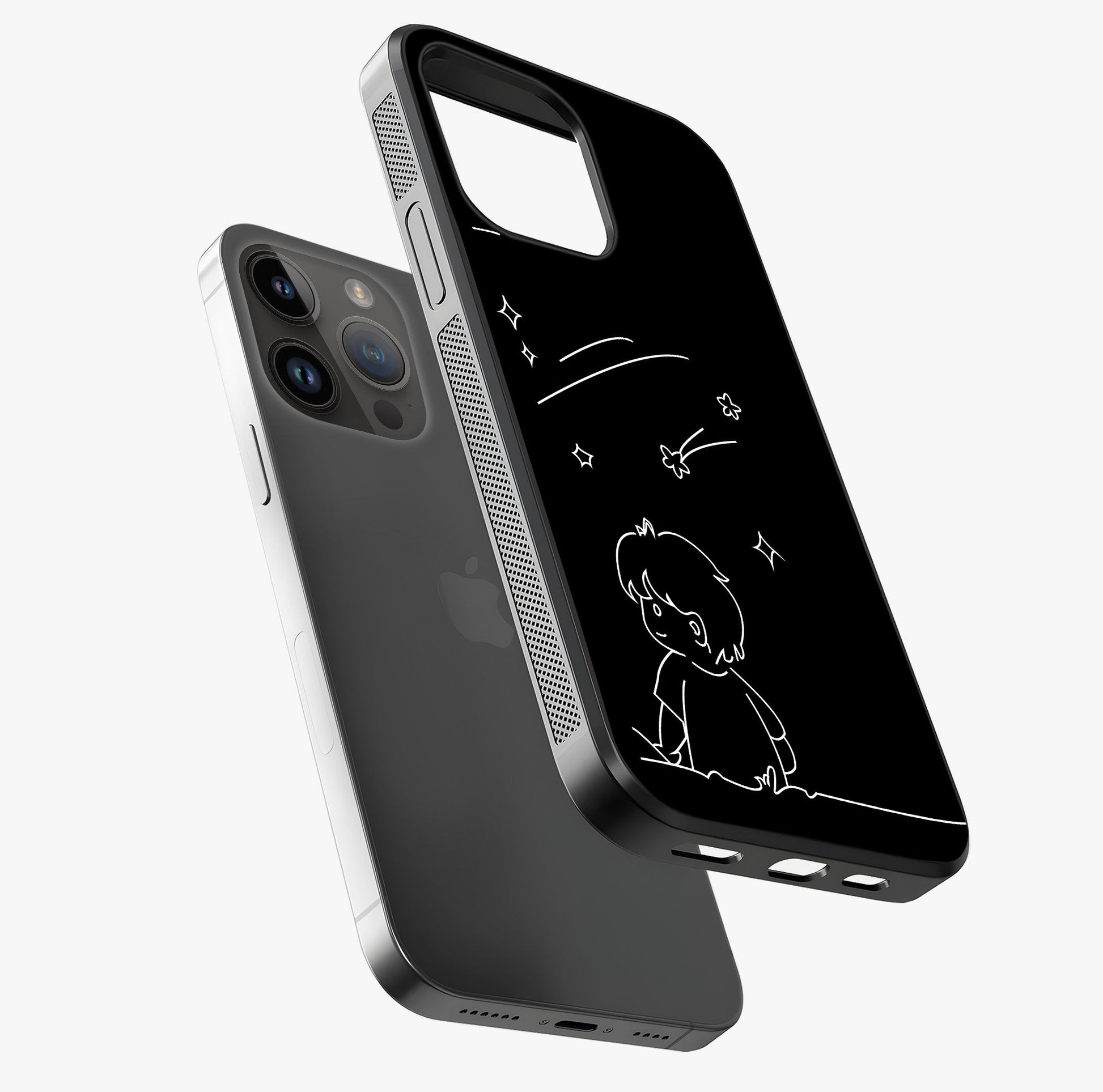 Line Art Boy With Shooting Stars Glass Case laid diagonally highlighting side profile, edges and glossy glass shine.