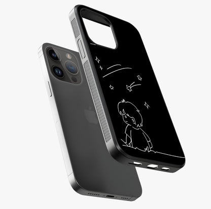 Line Art Boy With Shooting Stars Glass Case laid diagonally highlighting side profile, edges and glossy glass shine.