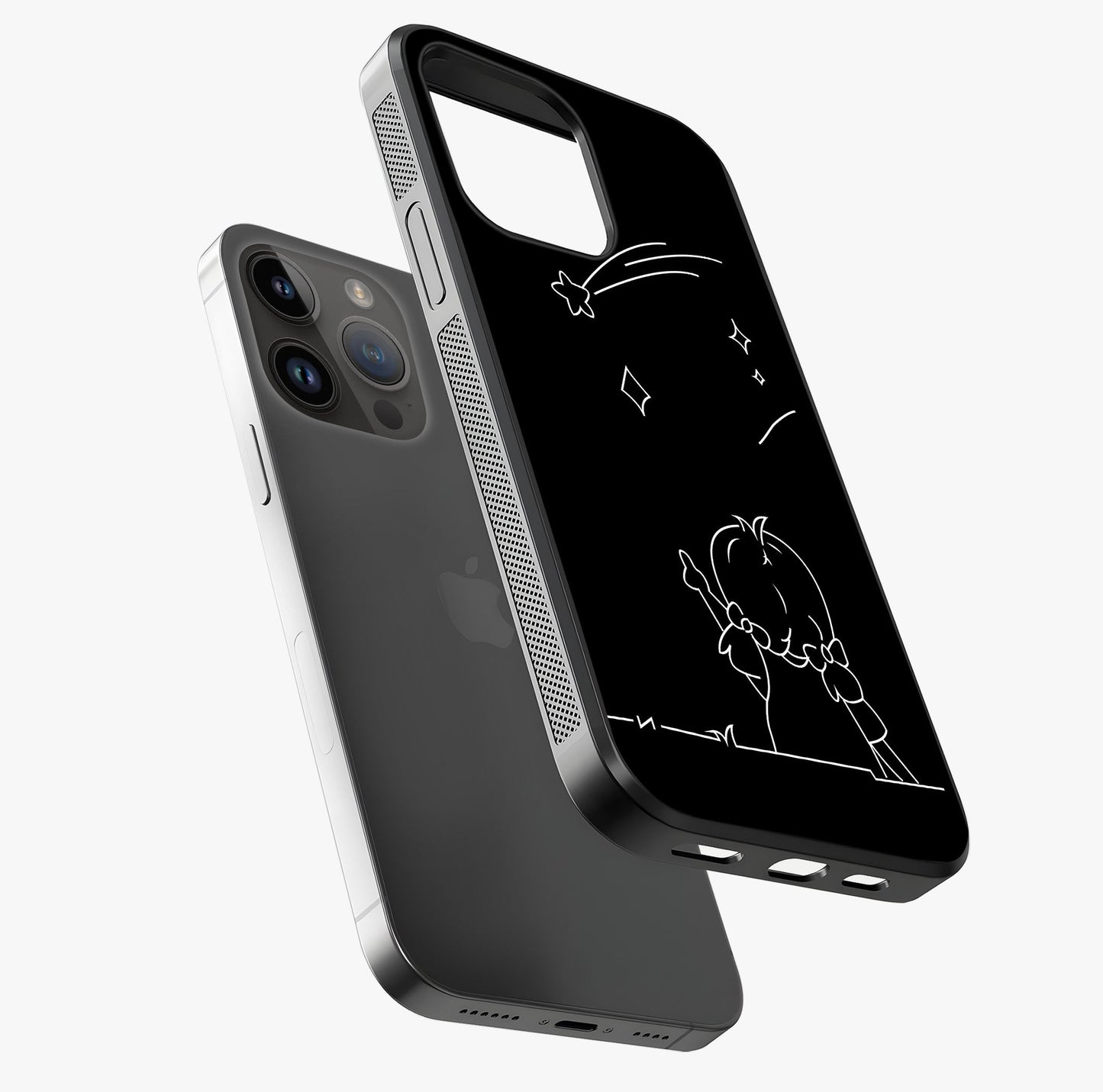 Line Art Girl With Shooting Stars Glass Case laid diagonally highlighting side profile, edges and glossy glass shine.