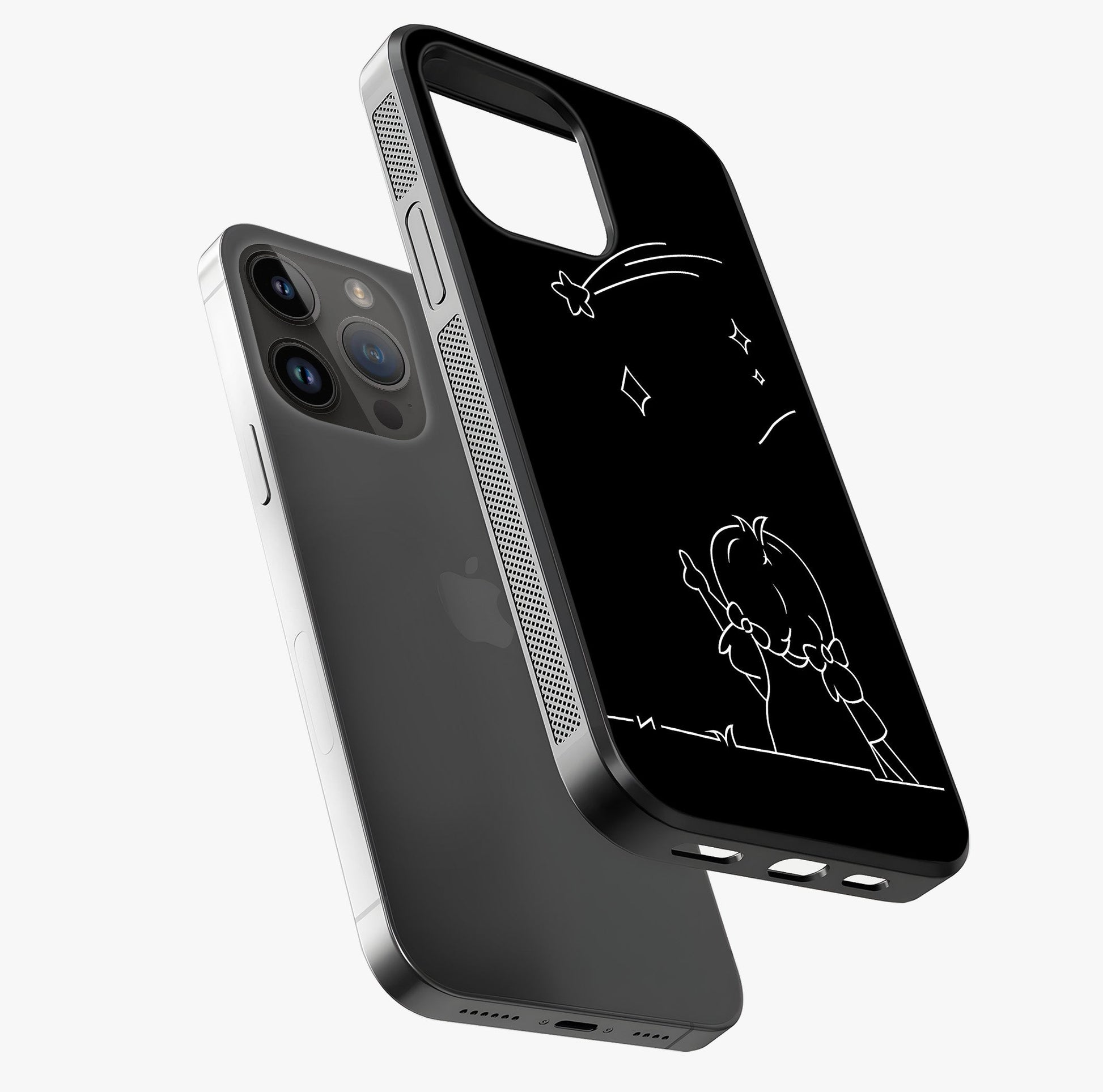 Line Art Girl With Shooting Stars Glass Case laid diagonally highlighting side profile, edges and glossy glass shine.