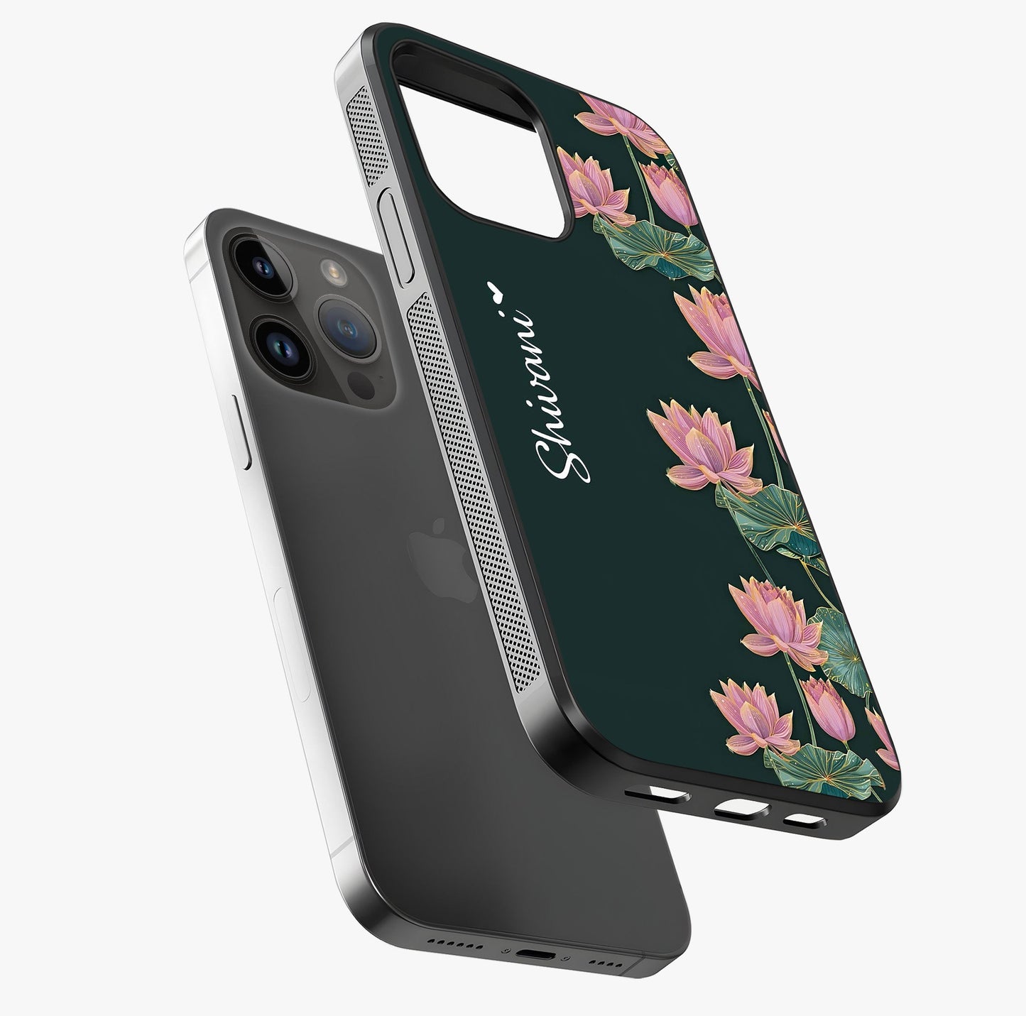 Lotus Bloom Serenity Custom Name Glass Case laid diagonally highlighting side profile, edges and glossy glass shine.