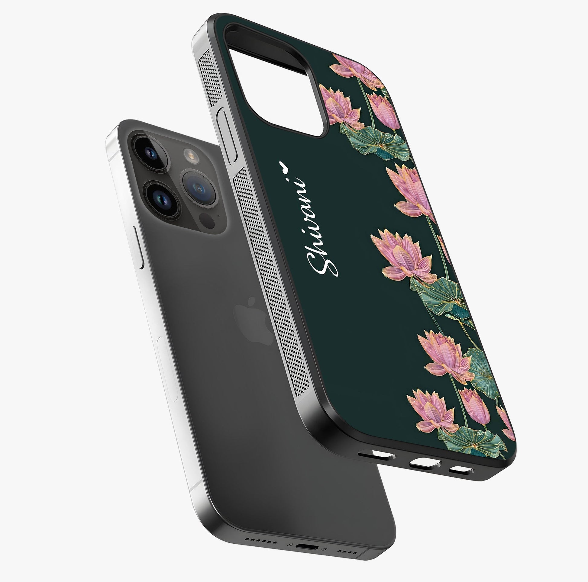 Lotus Bloom Serenity Custom Name Glass Case laid diagonally highlighting side profile, edges and glossy glass shine.