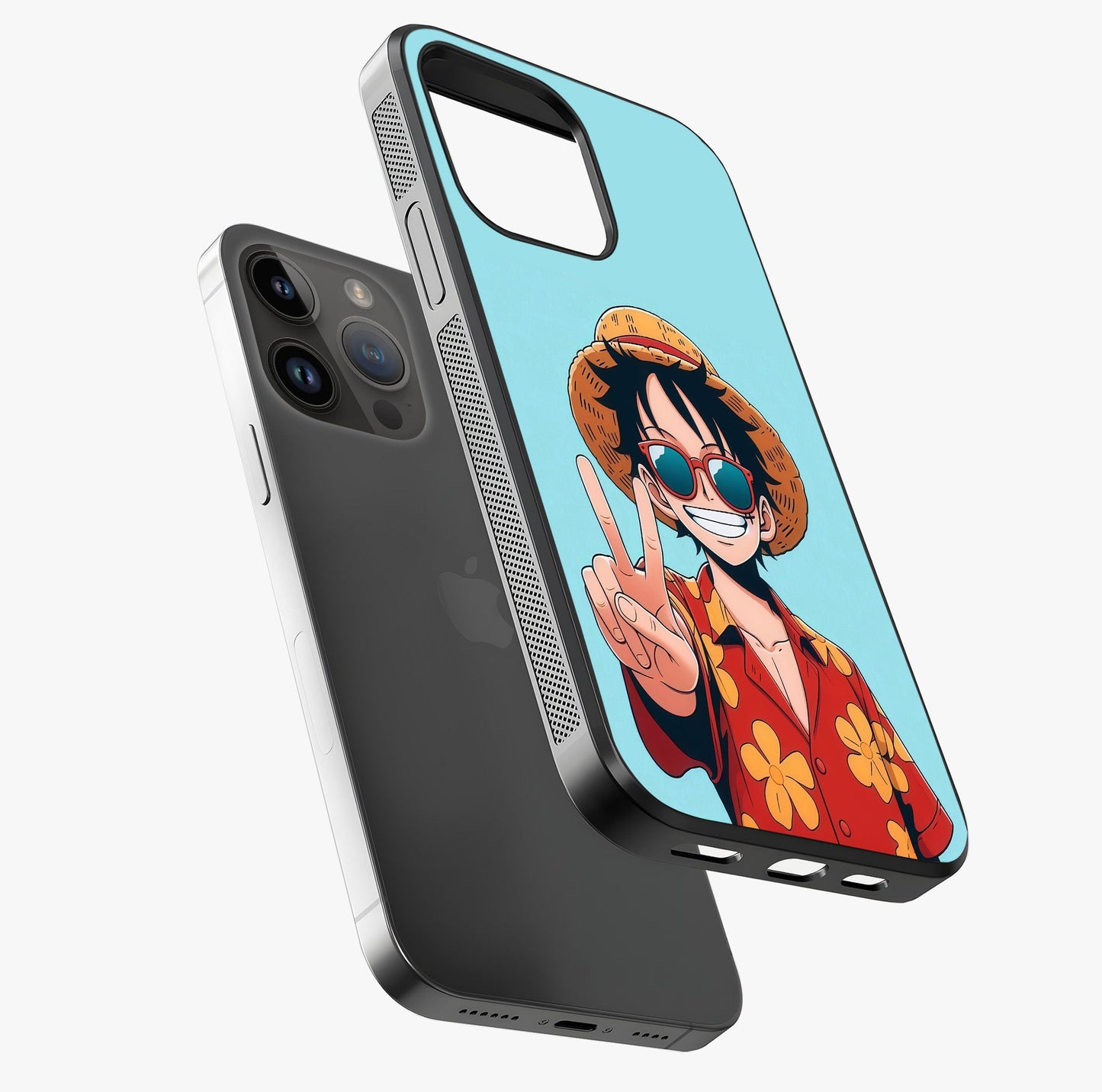 Luffy Summer Anime Vibe Glass Case laid diagonally highlighting side profile, edges and glossy glass shine.