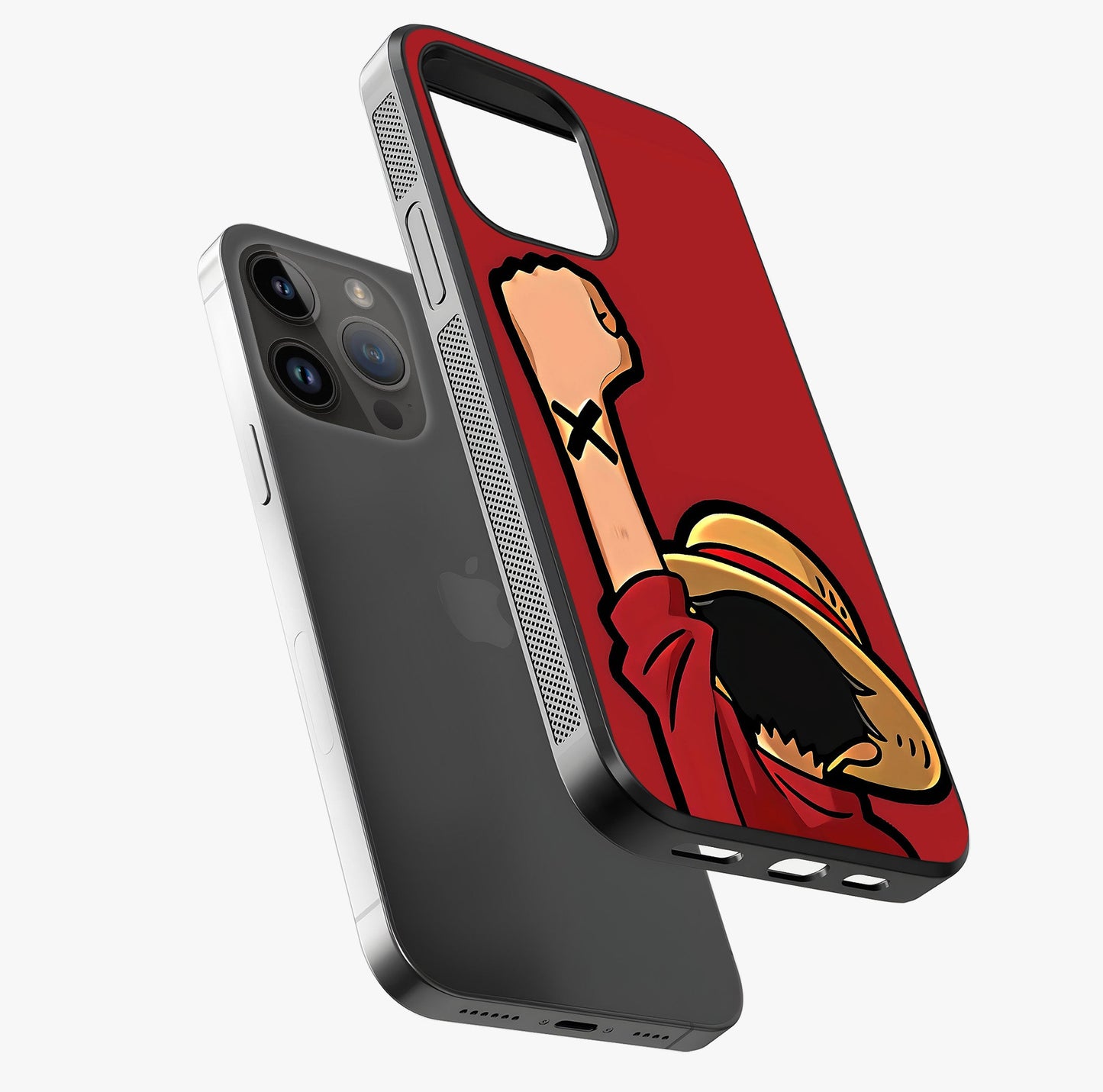 Luffy X Spirit Glass Case laid diagonally highlighting side profile, edges and glossy glass shine.
