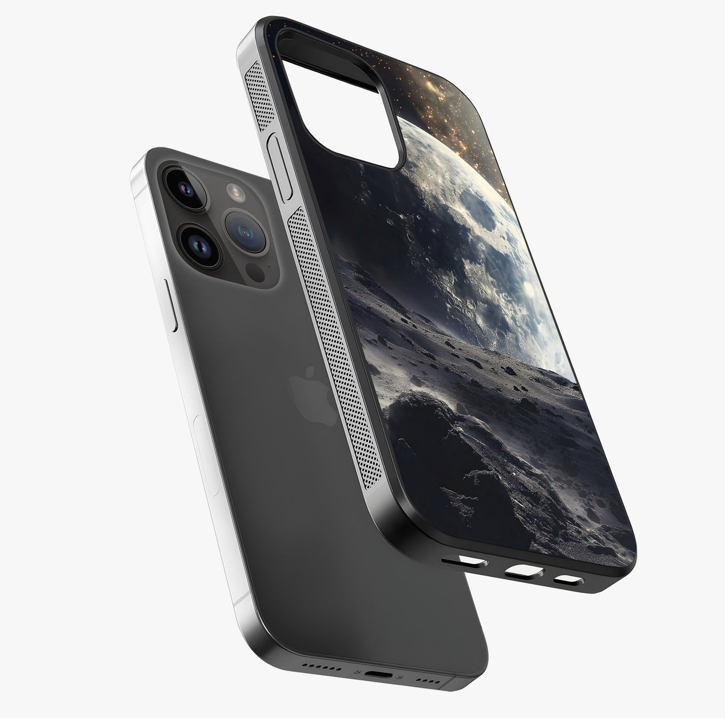 Lunar Horizon Glow Glass Case laid diagonally highlighting side profile, edges and glossy glass shine.