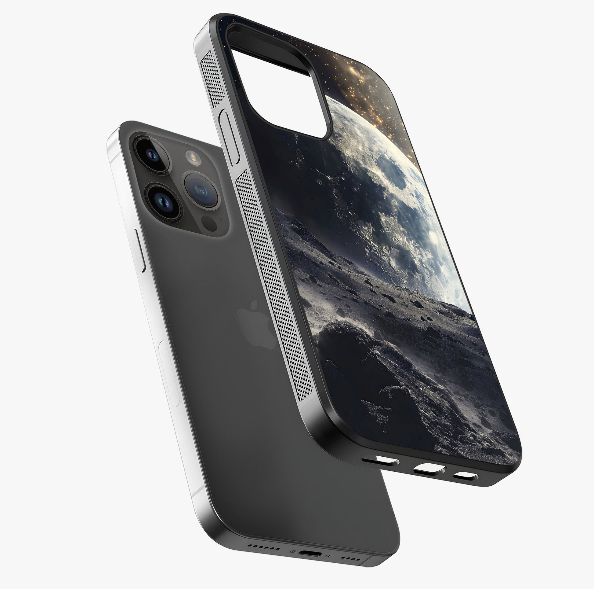 Lunar Horizon Glow Glass Case laid diagonally highlighting side profile, edges and glossy glass shine.