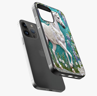 Majestic Floral Stallion Glass Case laid diagonally highlighting side profile, edges and glossy glass shine.