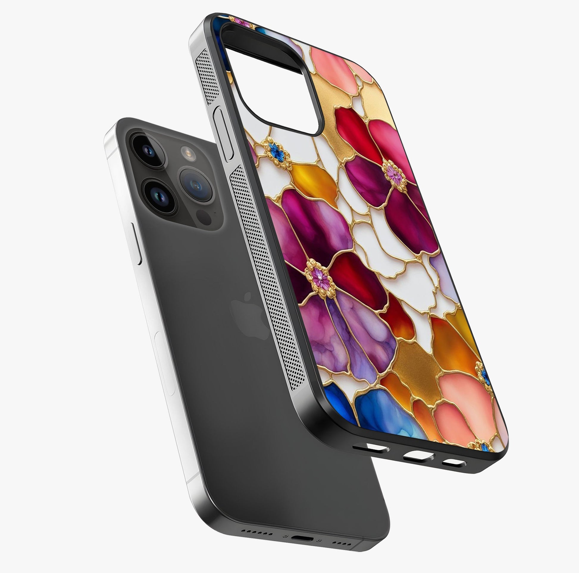 Marble Flower Pattern Glass Case laid diagonally highlighting side profile, edges and glossy glass shine.