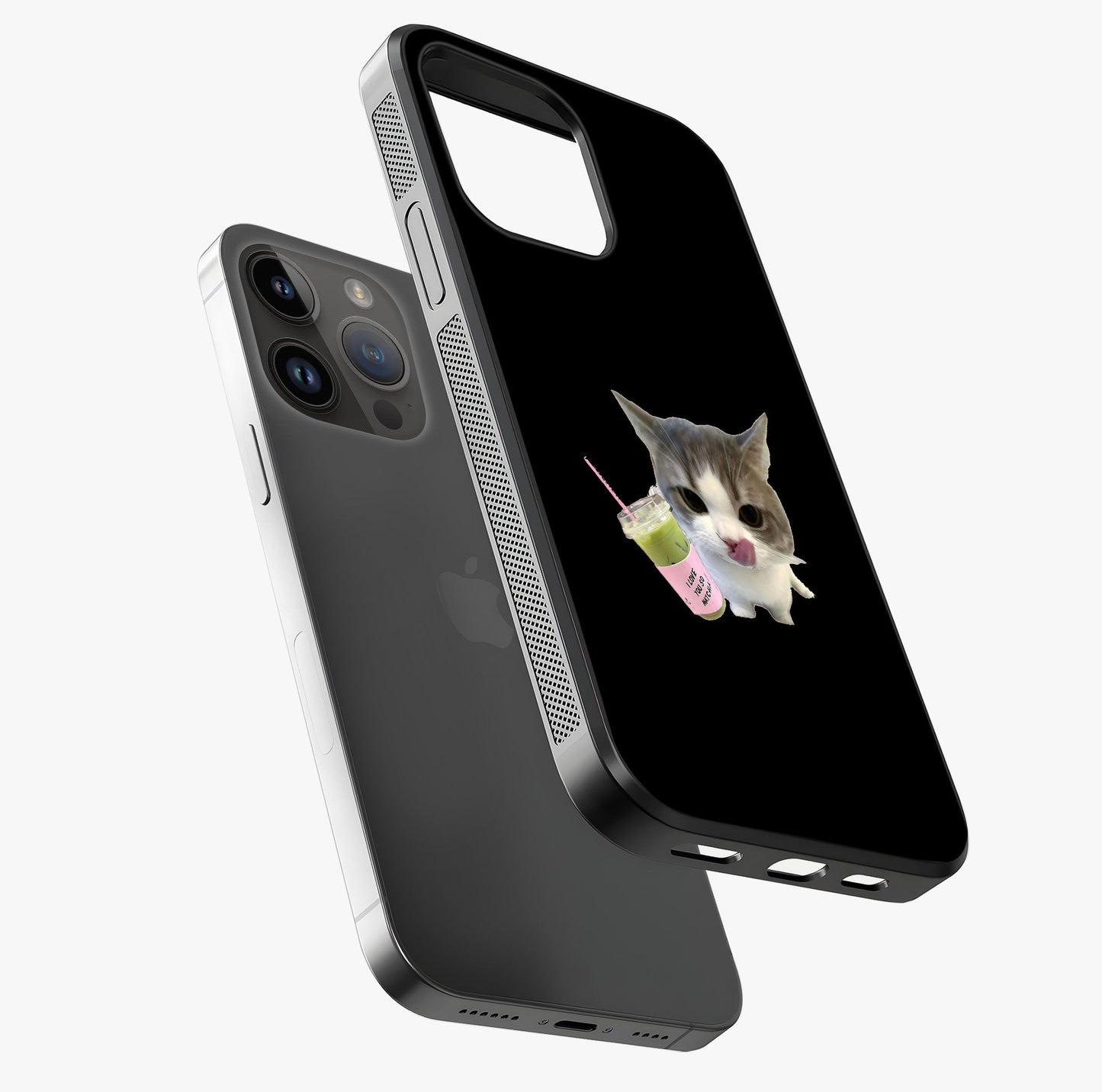 Matcha Cat Style Glass Case laid diagonally highlighting side profile, edges and glossy glass shine.