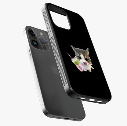 Matcha Cat Style Glass Case laid diagonally highlighting side profile, edges and glossy glass shine.