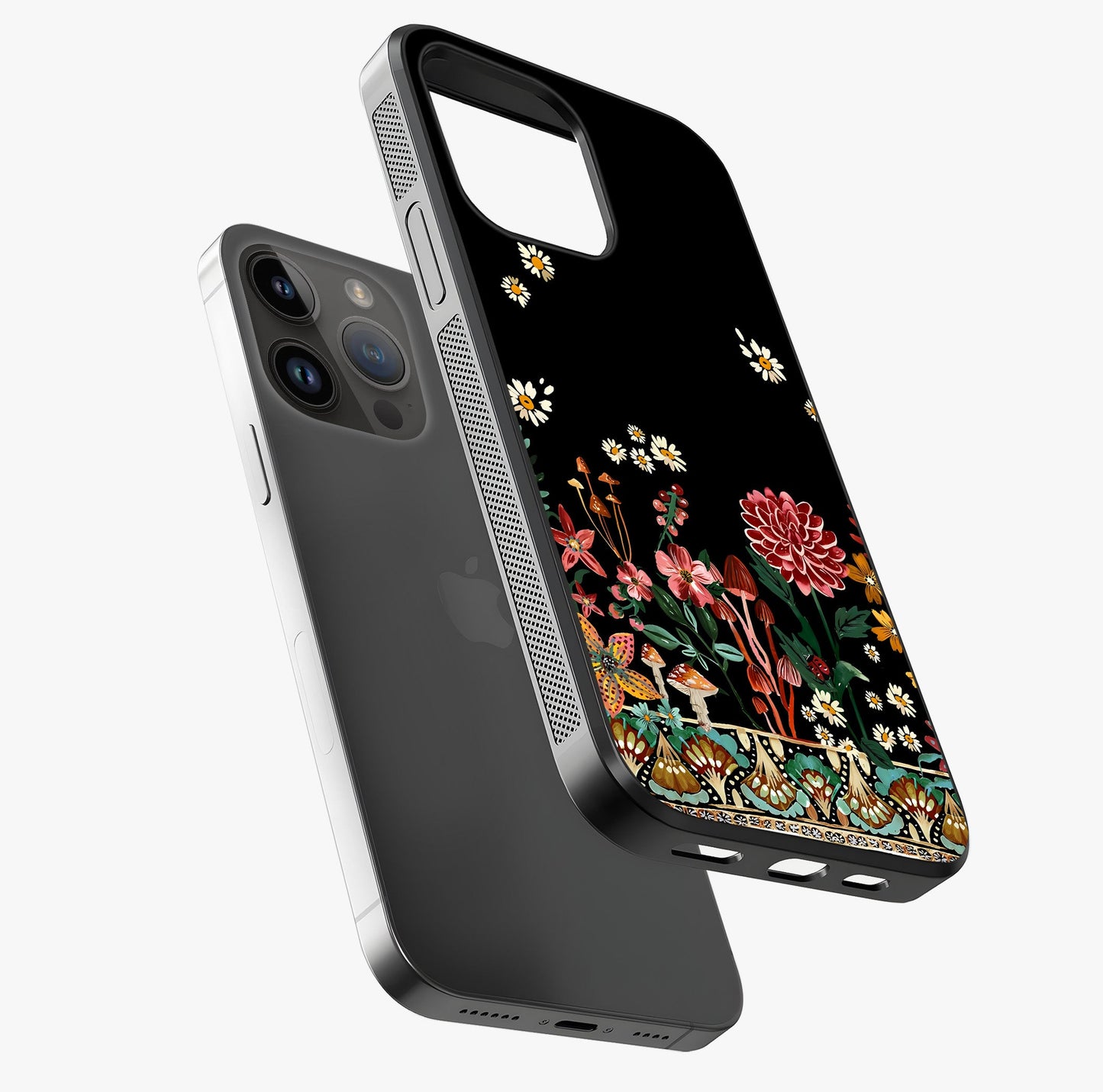 Midnight Bloom Pattern Glass Case laid diagonally highlighting side profile, edges and glossy glass shine.