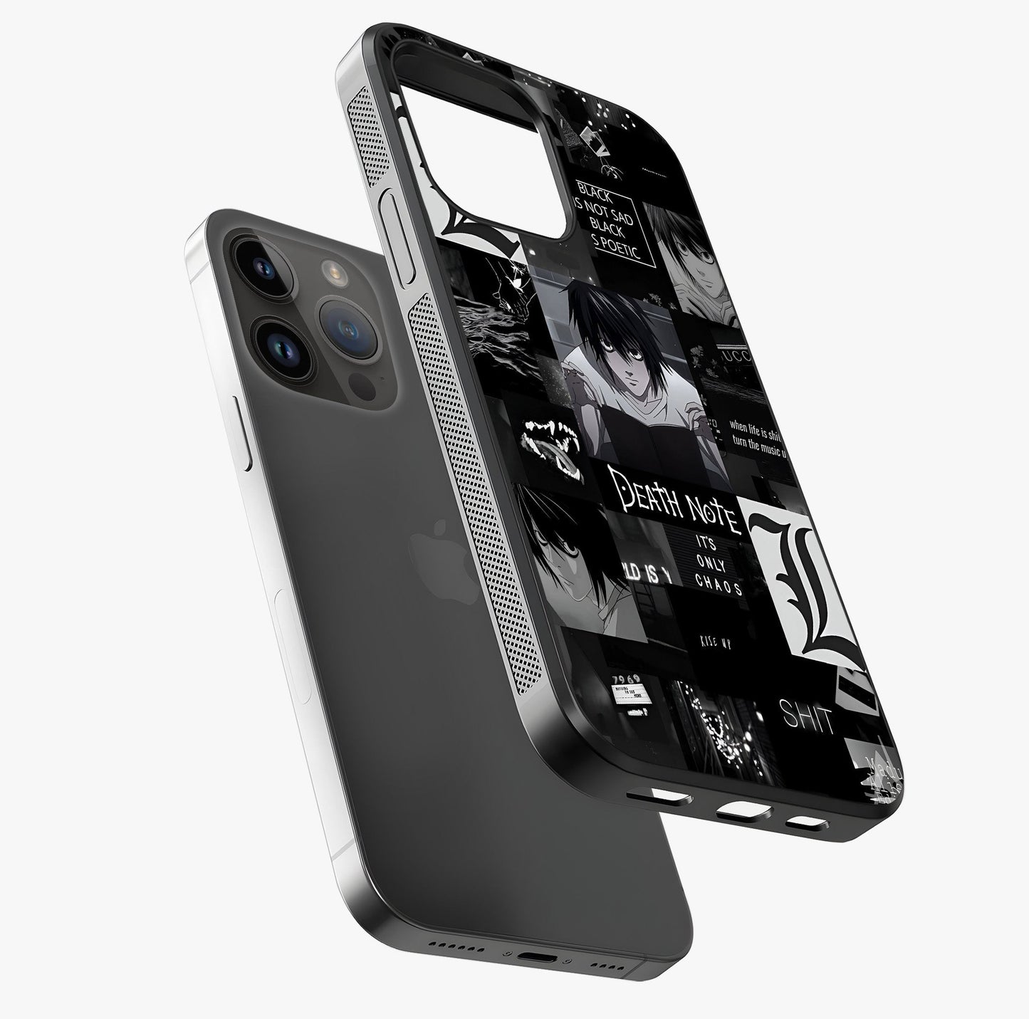 Midnight Chaos Mind Glass Case laid diagonally highlighting side profile, edges and glossy glass shine.