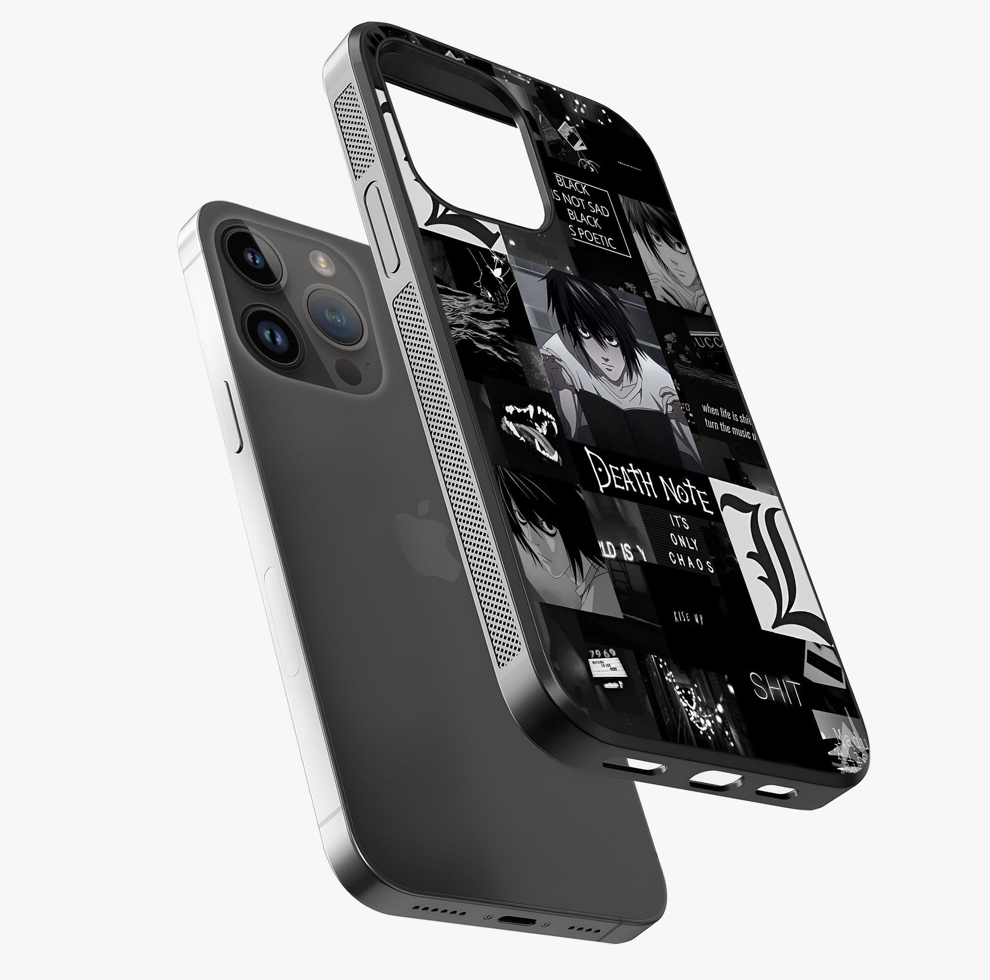 Midnight Chaos Mind Glass Case laid diagonally highlighting side profile, edges and glossy glass shine.