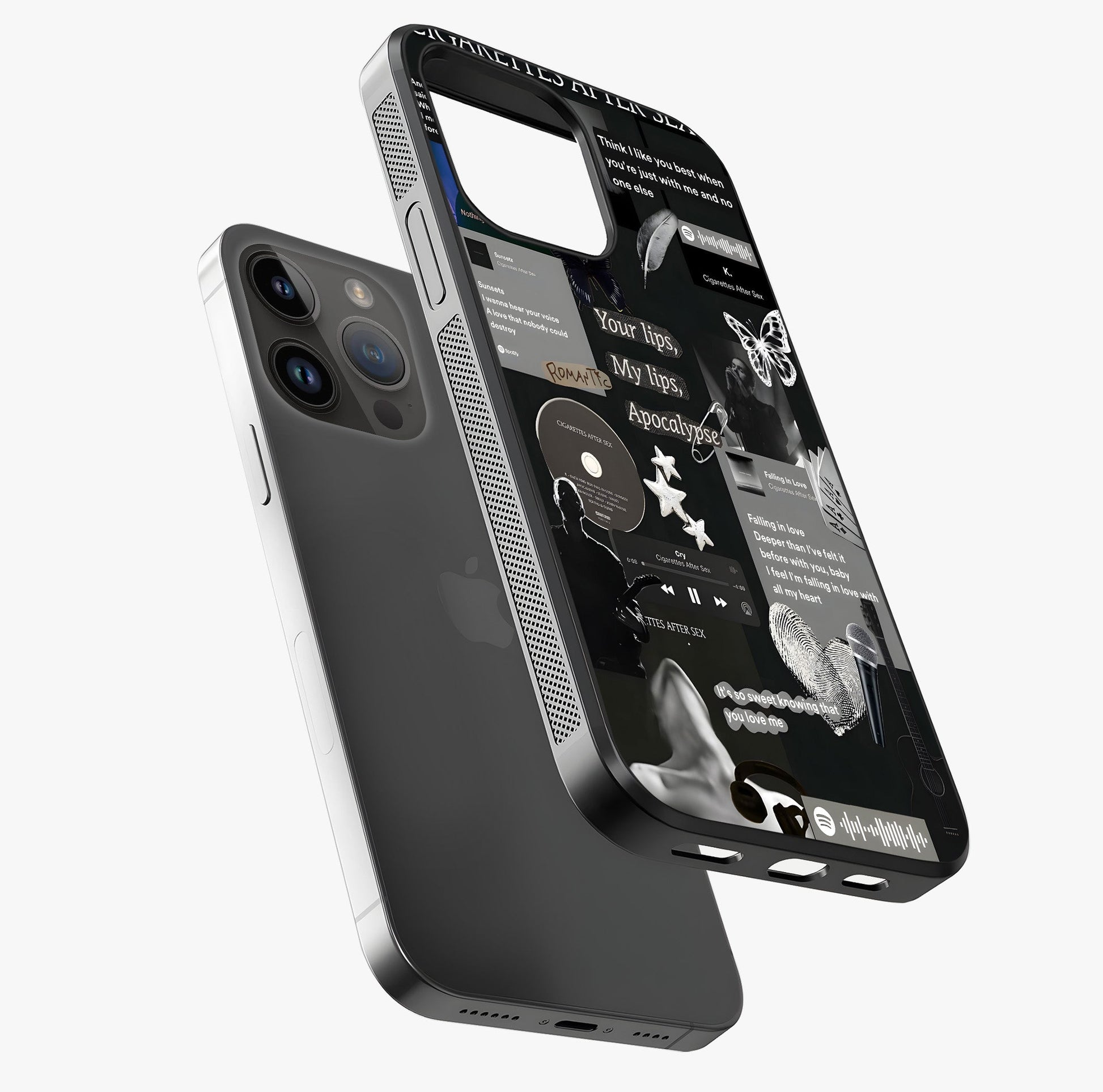 Midnight Love Echo Glass Case laid diagonally highlighting side profile, edges and glossy glass shine.