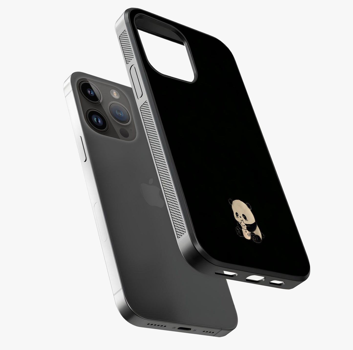 Midnight Panda Love Glass Case laid diagonally highlighting side profile, edges and glossy glass shine.