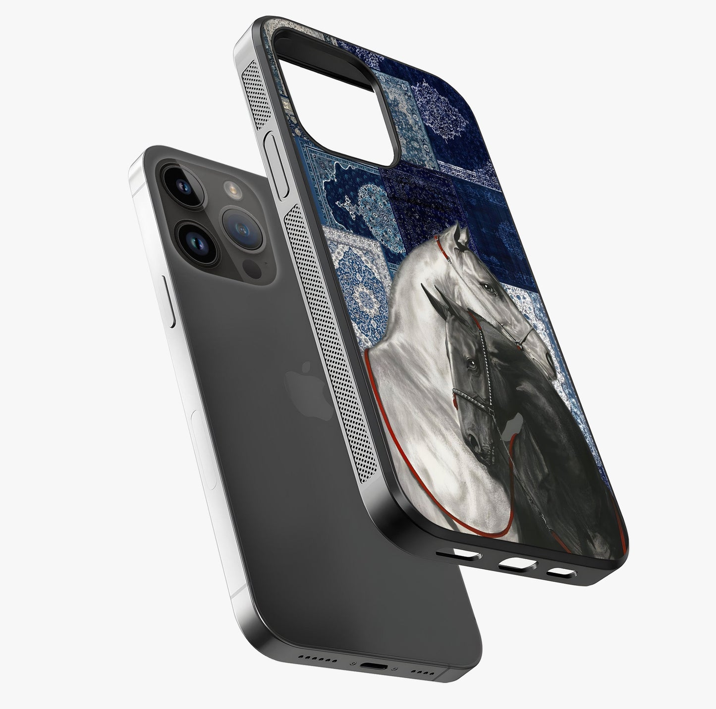 Midnight Stallion Blues Glass Case laid diagonally highlighting side profile, edges and glossy glass shine.