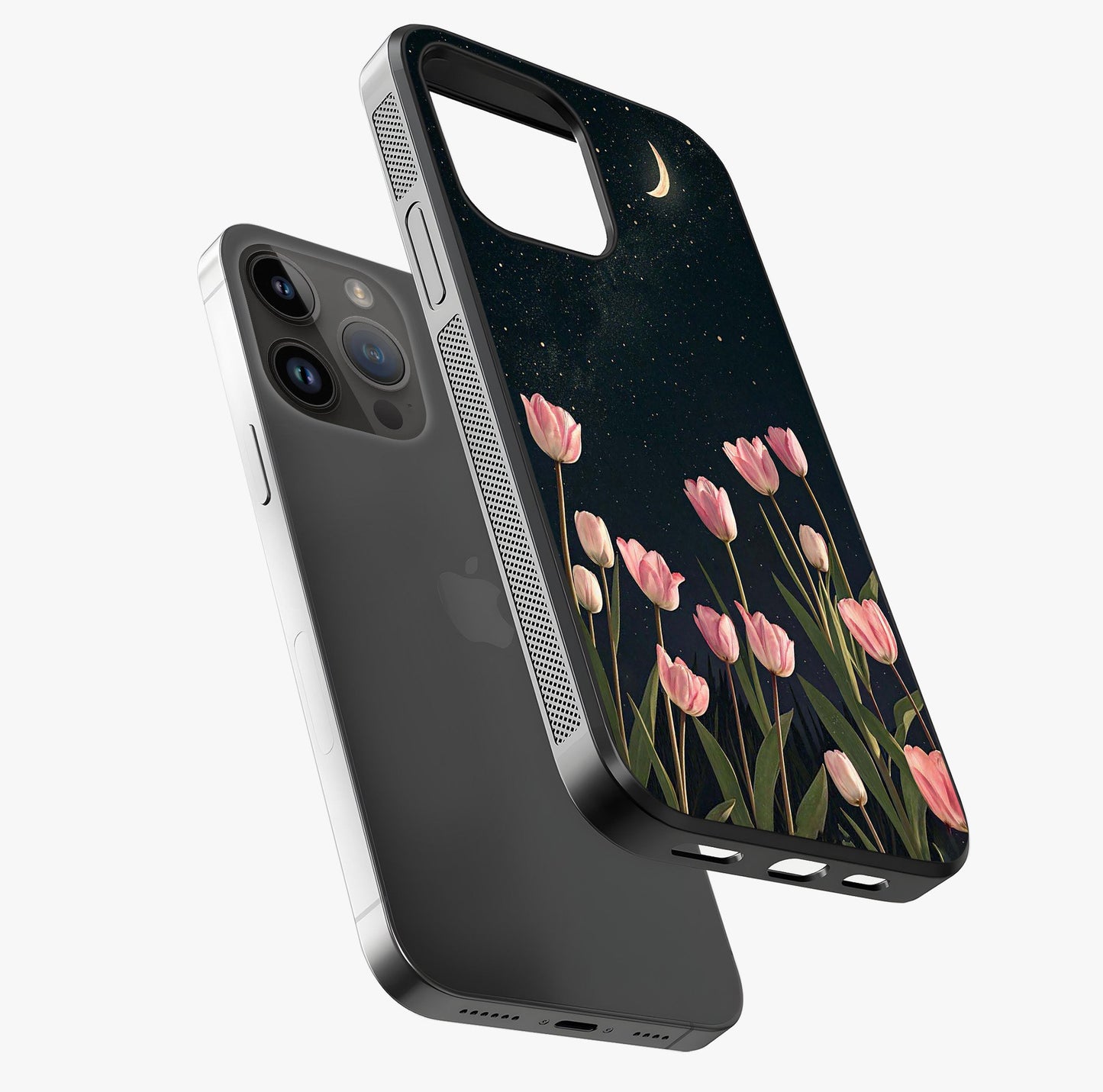 Midnight Tulip Whispers Vibe Glass Case laid diagonally highlighting side profile, edges and glossy glass shine.