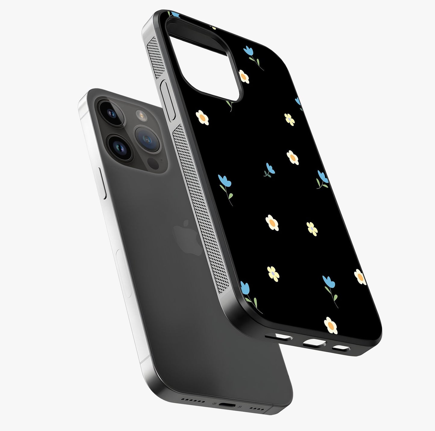 Minimalistic Blue With White Flower Pattern Glass Case laid diagonally highlighting side profile, edges and glossy glass shine.